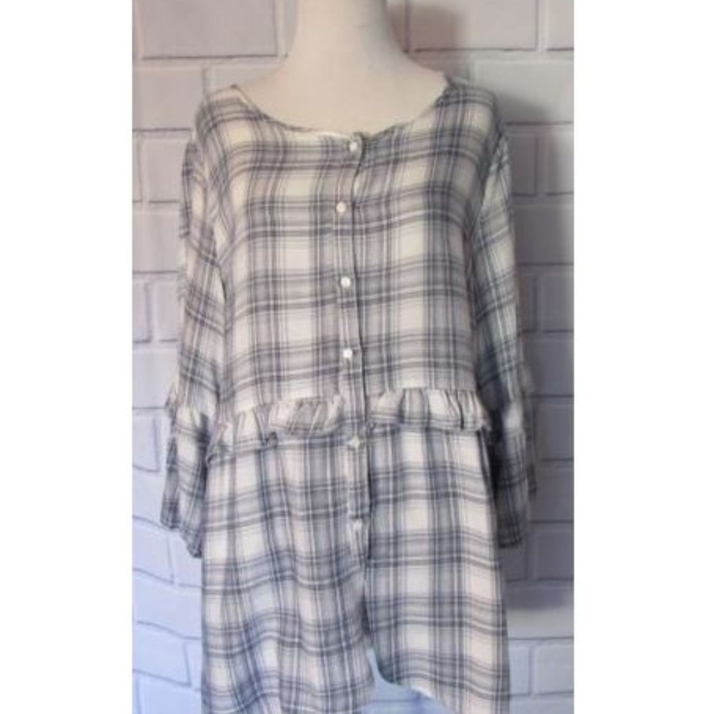 NWT Max Studio Plaid Bell Sleeve Blouse Button Up